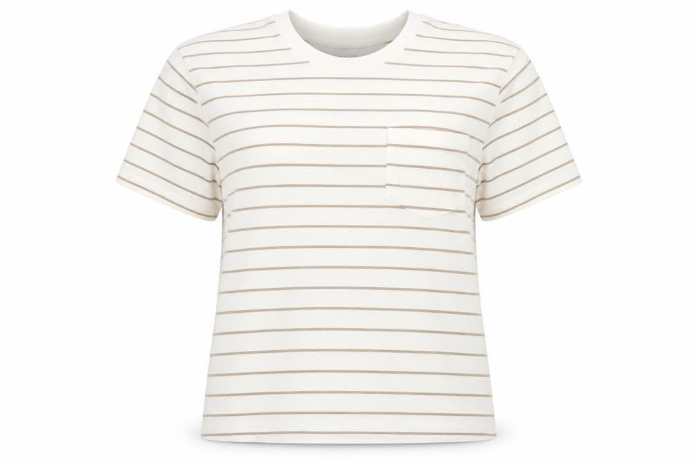 Front view of Time AND Tru women’s white striped cotton basic t-shirt, size UK 8, round neck