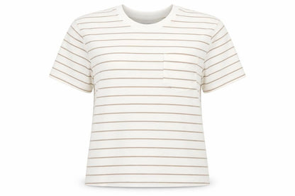 Front view of Time AND Tru women’s white striped cotton basic t-shirt, size UK 8, round neck