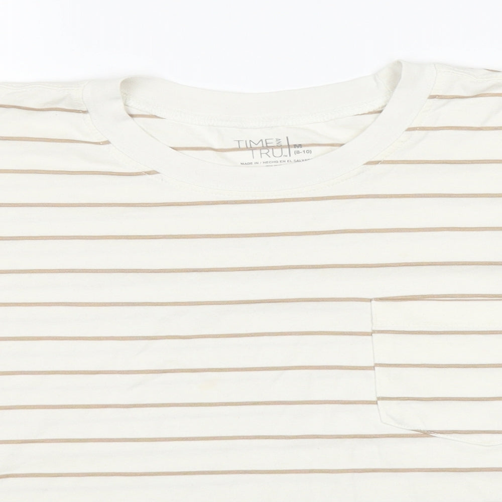 Time AND Tru Womens White Striped Cotton Basic T-Shirt Size 8 Round Neck
