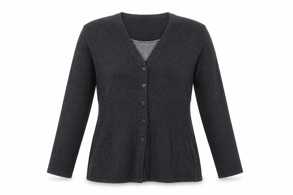 Front view of Autonomy women’s grey round neck cotton cardigan jumper, size UK 12