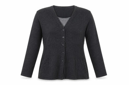 Front view of Autonomy women’s grey round neck cotton cardigan jumper, size UK 12