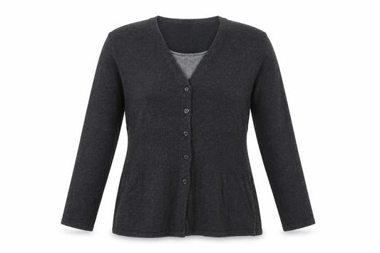 Front view of Autonomy women’s grey round neck cotton cardigan jumper, size UK 12