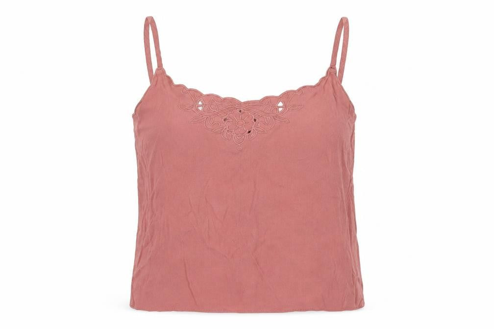 Front view of H&M women’s pink viscose cropped tank, size UK 6, v-neck