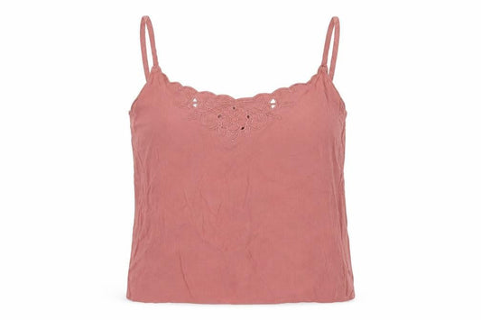 Front view of H&M women’s pink viscose cropped tank, size UK 6, v-neck