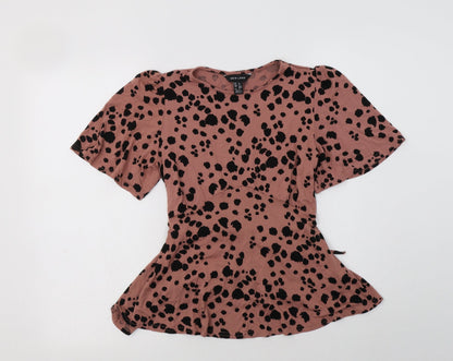 New Look Womens Pink Animal Print Viscose Basic Blouse Size 6 Crew Neck