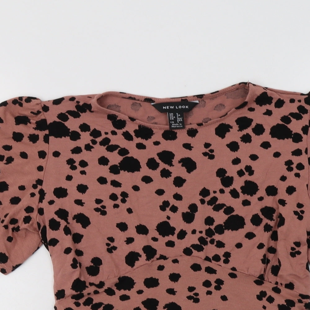 New Look Womens Pink Animal Print Viscose Basic Blouse Size 6 Crew Neck