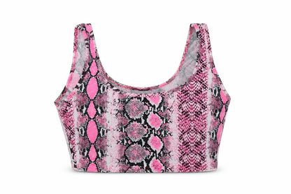 Front view of PRETTYLITTLETHING women’s pink animal print viscose cropped tank, size UK 8, scoop neck