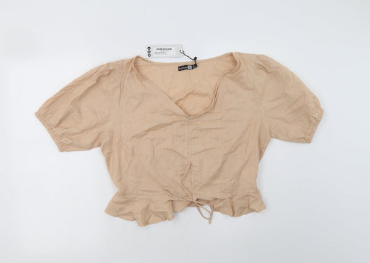 Boohoo Womens Beige  Cotton Basic Blouse Size 18 V-Neck