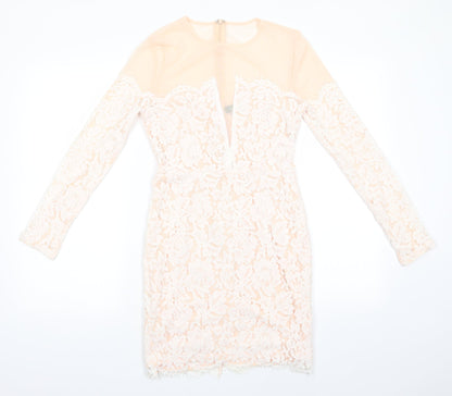 Missguided Womens Ivory Floral Polyester Bodycon  Size 10  Round Neck Zip - Peach with Lace Overlay Dress Sheer Shoulders