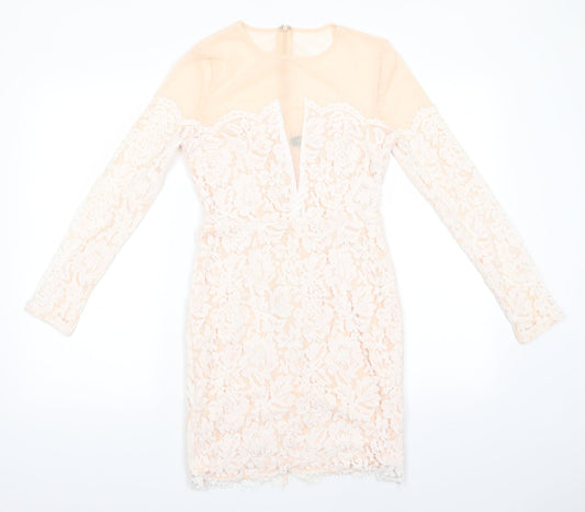 Missguided Womens Ivory Floral Polyester Bodycon  Size 10  Round Neck Zip - Peach with Lace Overlay Dress Sheer Shoulders