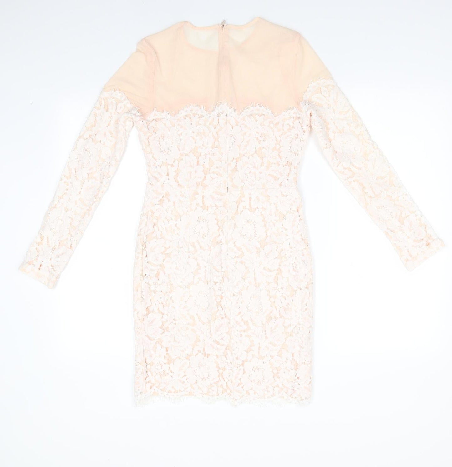 Missguided Womens Ivory Floral Polyester Bodycon  Size 10  Round Neck Zip - Peach with Lace Overlay Dress Sheer Shoulders