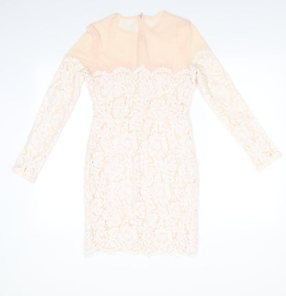 Missguided Womens Ivory Floral Polyester Bodycon  Size 10  Round Neck Zip - Peach with Lace Overlay Dress Sheer Shoulders