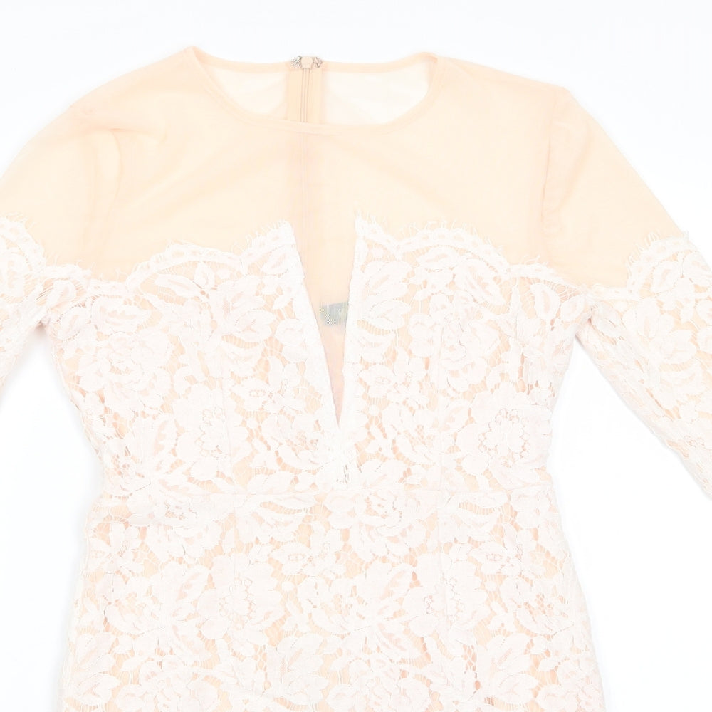 Missguided Womens Ivory Floral Polyester Bodycon  Size 10  Round Neck Zip - Peach with Lace Overlay Dress Sheer Shoulders