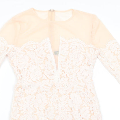Missguided Womens Ivory Floral Polyester Bodycon  Size 10  Round Neck Zip - Peach with Lace Overlay Dress Sheer Shoulders