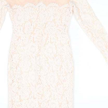 Missguided Womens Ivory Floral Polyester Bodycon  Size 10  Round Neck Zip - Peach with Lace Overlay Dress Sheer Shoulders
