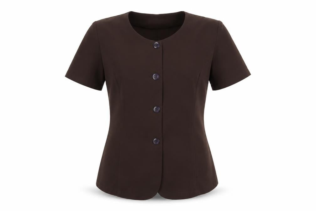 Front view of Estephan women’s brown tunic button-up, size L, scoop neck - chocolate brown