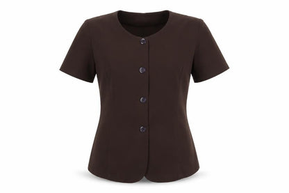Front view of Estephan women’s brown tunic button-up, size L, scoop neck - chocolate brown