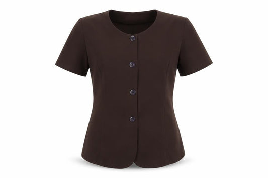 Front view of Estephan women’s brown tunic button-up, size L, scoop neck - chocolate brown