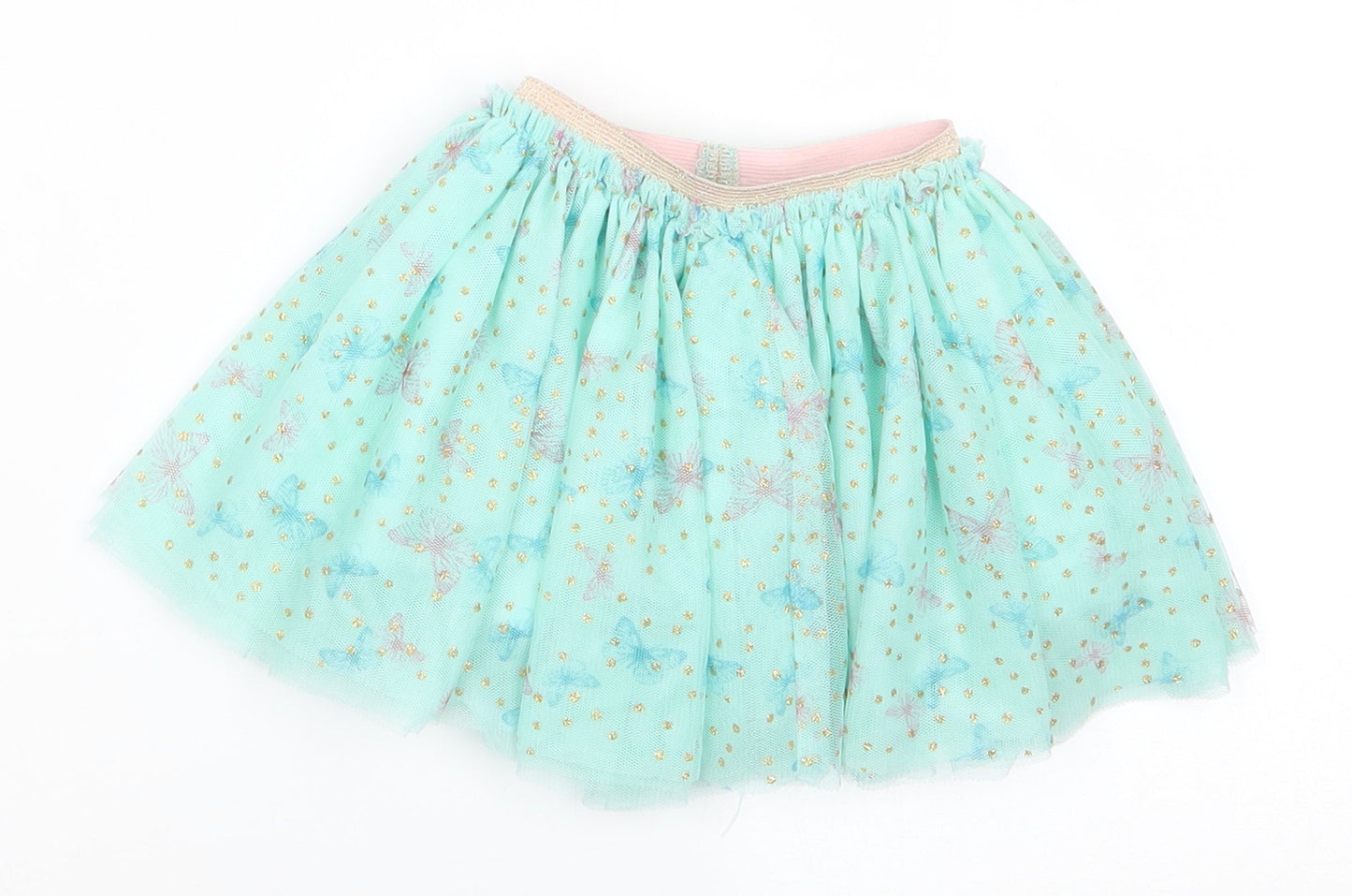 Primark Girls Green Animal Print Polyester Flare Skirt Size 9-12 Months  Pull On - Mint Gree with Gold Glitter dots Pink & Blue Butterfly print Net overlay