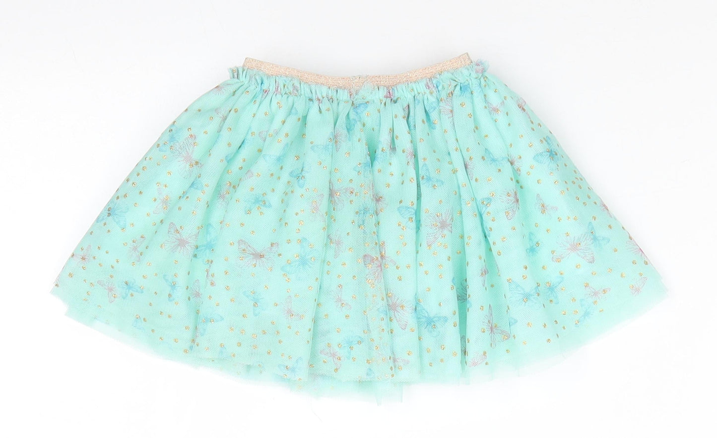 Primark Girls Green Animal Print Polyester Flare Skirt Size 9-12 Months  Pull On - Mint Gree with Gold Glitter dots Pink & Blue Butterfly print Net overlay