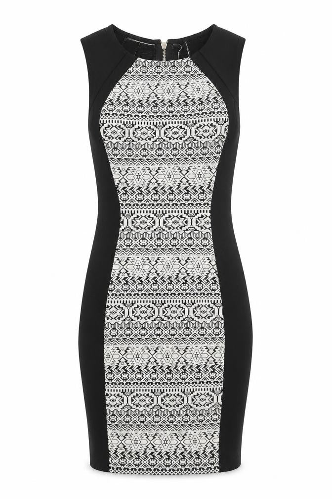 Divided Womens Black Geometric Polyester Bodycon  Size 8  Round Neck Zip - Geometric panel front & back