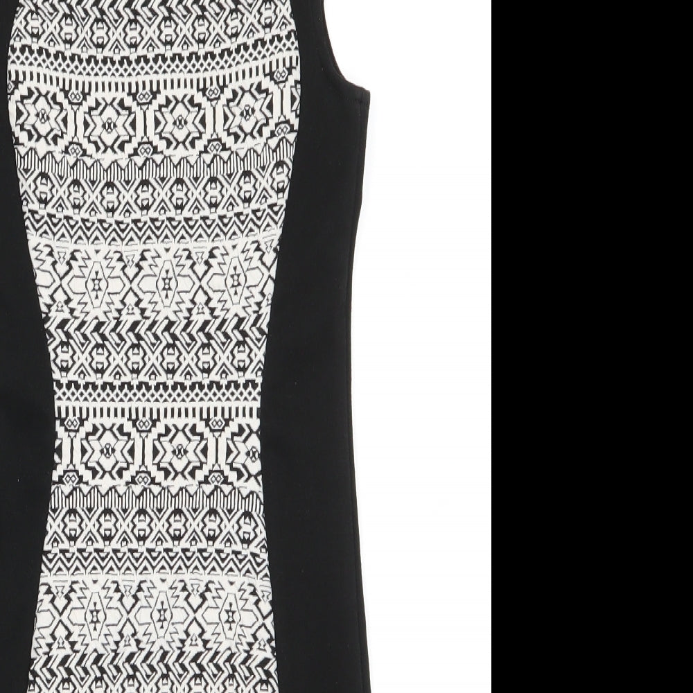 Divided Womens Black Geometric Polyester Bodycon  Size 8  Round Neck Zip - Geometric panel front & back