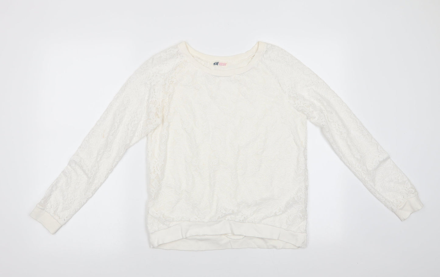 H&M Girls Ivory Floral Polyester Jersey Blouse Size 13-14 Years Round Neck Pullover - Lace Overlay