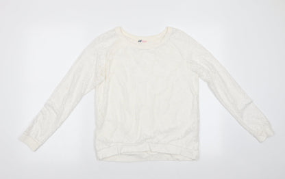 H&M Girls Ivory Floral Polyester Jersey Blouse Size 13-14 Years Round Neck Pullover - Lace Overlay