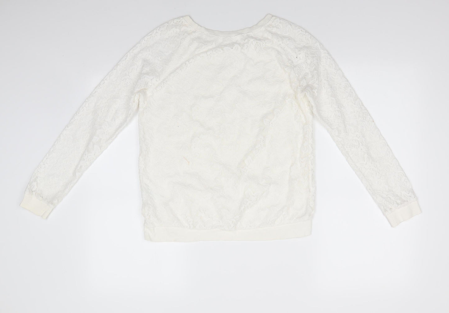 H&M Girls Ivory Floral Polyester Jersey Blouse Size 13-14 Years Round Neck Pullover - Lace Overlay