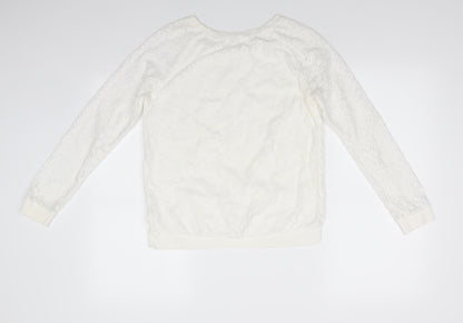 H&M Girls Ivory Floral Polyester Jersey Blouse Size 13-14 Years Round Neck Pullover - Lace Overlay
