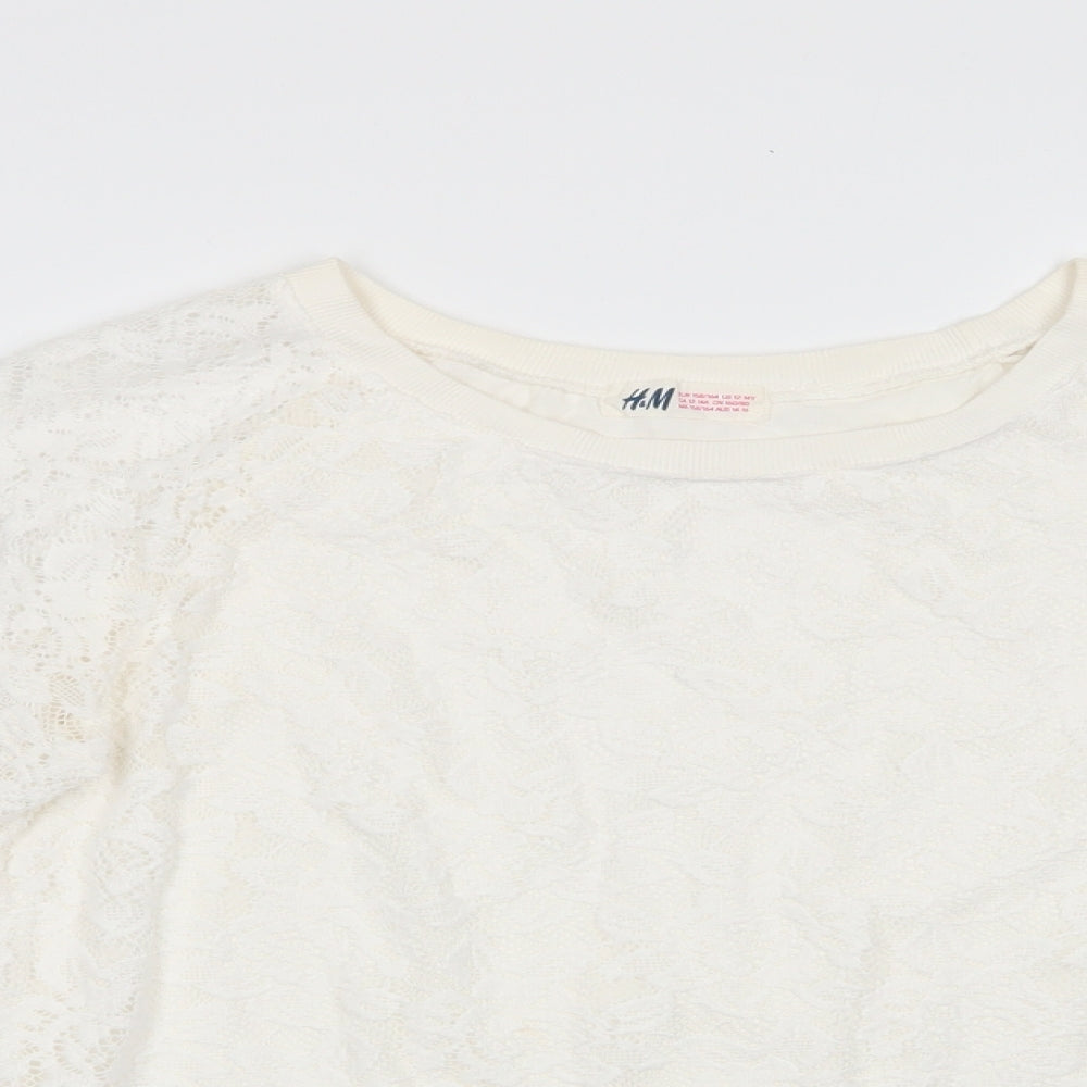 H&M Girls Ivory Floral Polyester Jersey Blouse Size 13-14 Years Round Neck Pullover - Lace Overlay