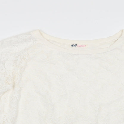 H&M Girls Ivory Floral Polyester Jersey Blouse Size 13-14 Years Round Neck Pullover - Lace Overlay