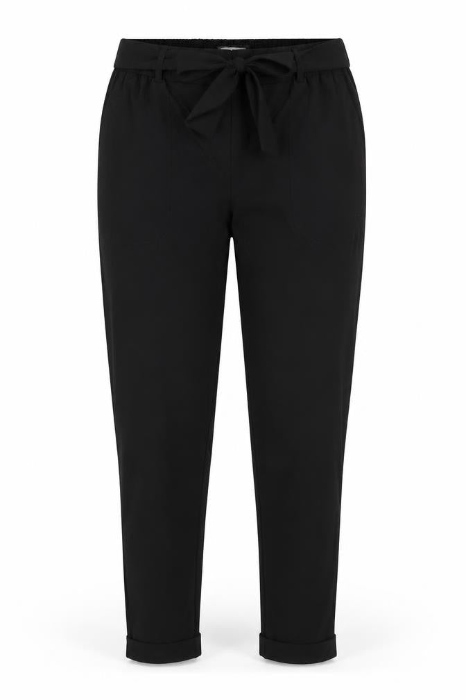 Front view of EZY Wear by CH1 women’s black polyester trousers, size S regular - back elastication tie front turn ups