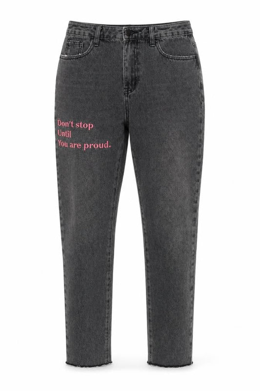 Front view of By Egreis women’s grey cotton tapered jeans, size M, 29-inch leg regular button