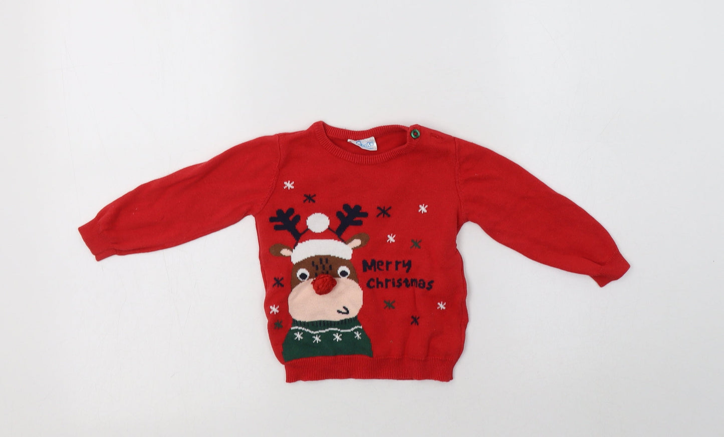 So Cute Baby Red  Cotton Pullover Jumper Size 9-12 Months  Button - Rudolph Christmas