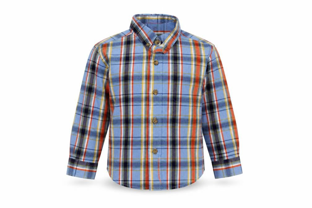 Front view of Mackays Baby Blue Check Cotton Basic Button-Up, size 12-18, Months Collared Button