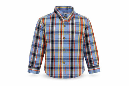 Front view of Mackays Baby Blue Check Cotton Basic Button-Up, size 12-18, Months Collared Button
