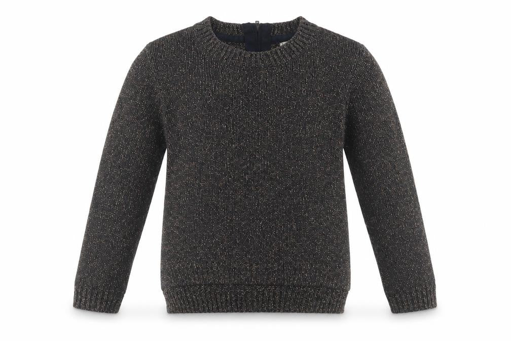 Front view of Next girls’ grey crew neck acrylic jumper, size 8, years zip
