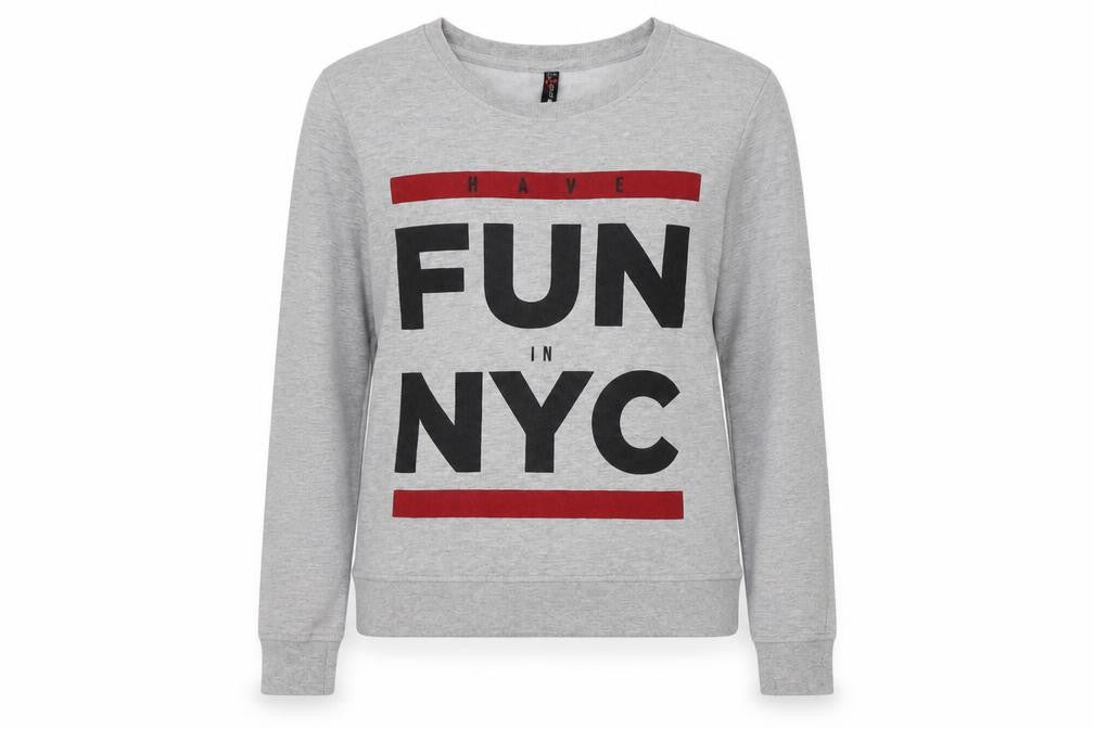 Front view of FB Sister women’s grey cotton pullover sweatshirt, size M, - nyc