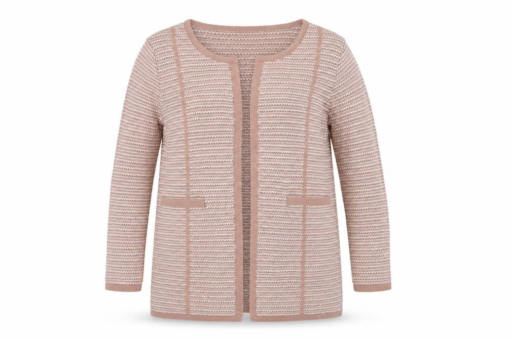 Front view of Primark women’s pink round neck striped acrylic cardigan jumper, size M