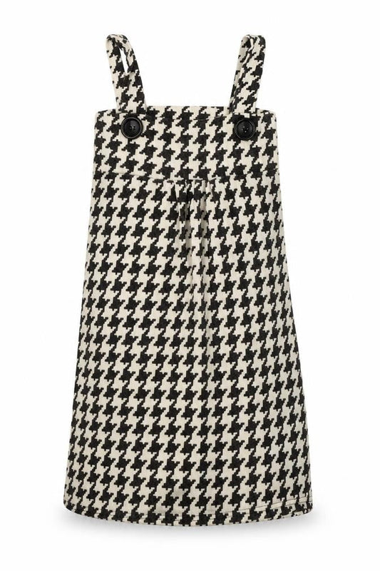 Front view of women’s ivory houndstooth acrylic pinafore/dungaree dress, size S, square neck