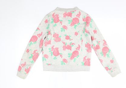 Gap Girls Grey Round Neck Floral Cotton Full Zip Jumper Size 12 Years
