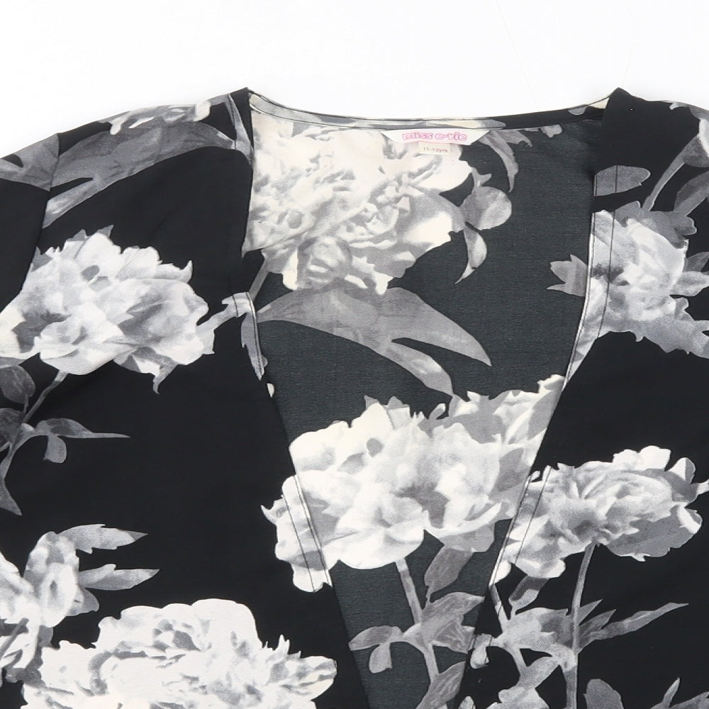 Miss Evie Girls Black V-Neck Floral Polyester Cardigan Jumper Size 11-12 Years