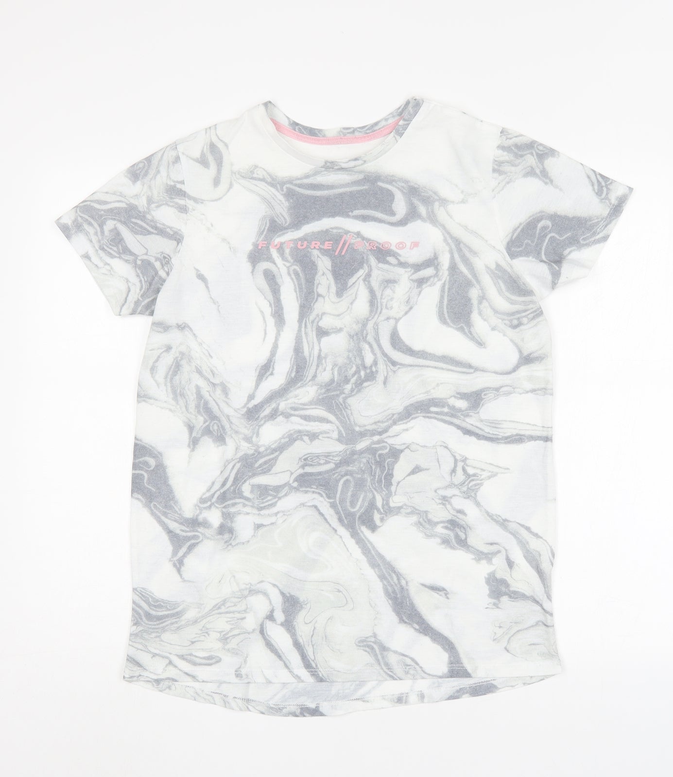 Primark Girls Grey Geometric Polyester Basic T-Shirt Size 13-14 Years Round Neck