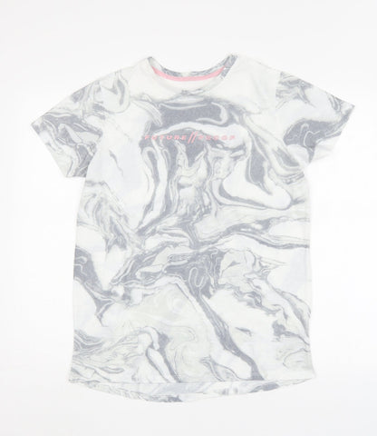 Primark Girls Grey Geometric Polyester Basic T-Shirt Size 13-14 Years Round Neck