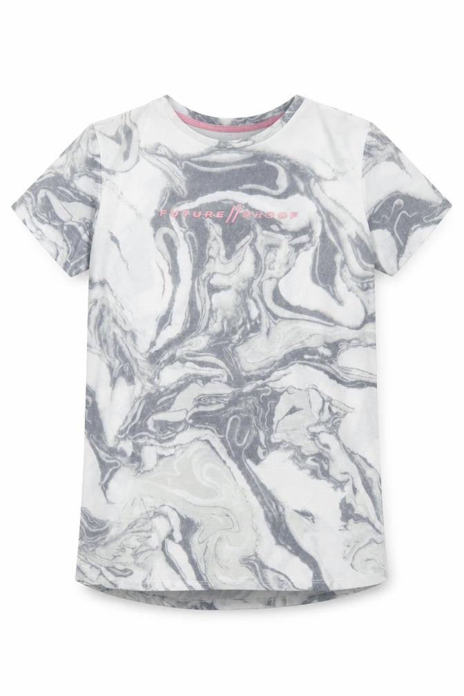 Front view of Primark girls’ grey geometric polyester basic t-shirt, size 13-14, years round neck