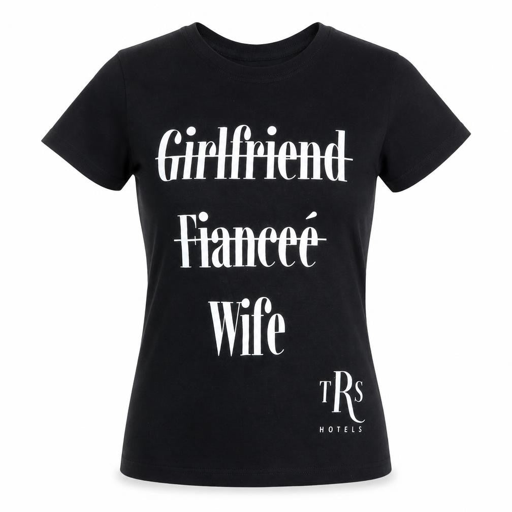 Front view of Preworn women’s black cotton basic t-shirt, size M, round neck - wife