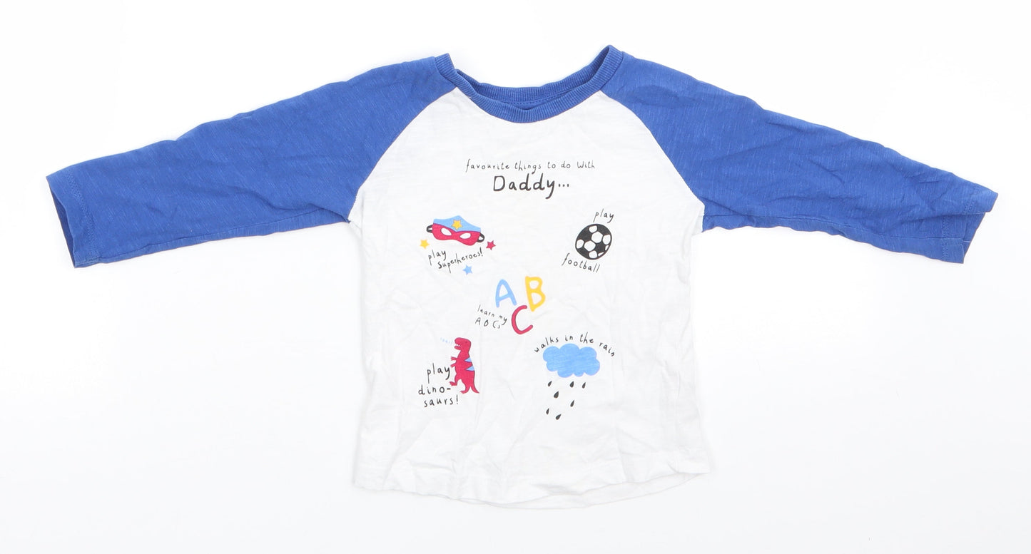 Matalan Boys White Colourblock Cotton  Pyjama Top Size 12-18 Months  Pullover - Blue Sleeves Favourite things to do with Daddy... Play football