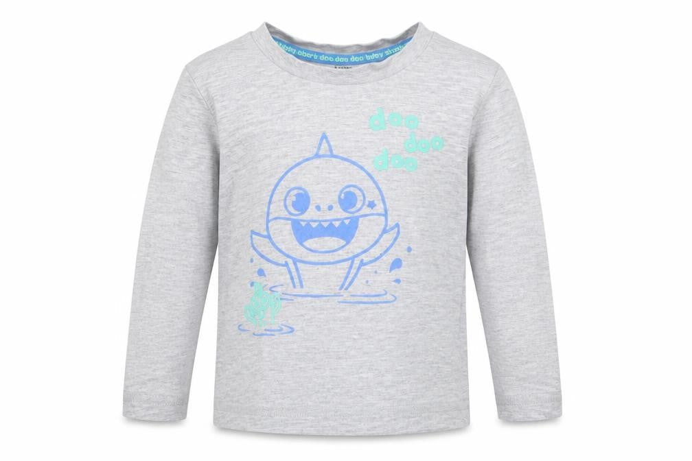 Front view of Pinkfong Baby Shark boys’ grey animal print cotton jersey casual, months round neck pullover - doo doo doo