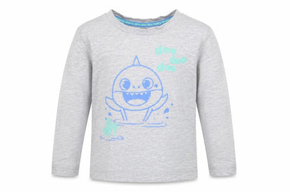Front view of Pinkfong Baby Shark boys’ grey animal print cotton jersey casual, months round neck pullover - doo doo doo